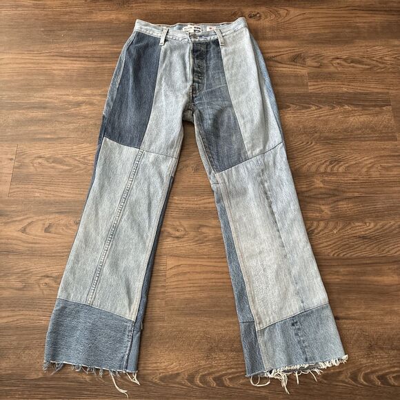 Levis Re/Done Button Fly Jeans Women’s Sz 24 Relaxed Blue Patchwork Indigo 27” - Picture 1 of 12